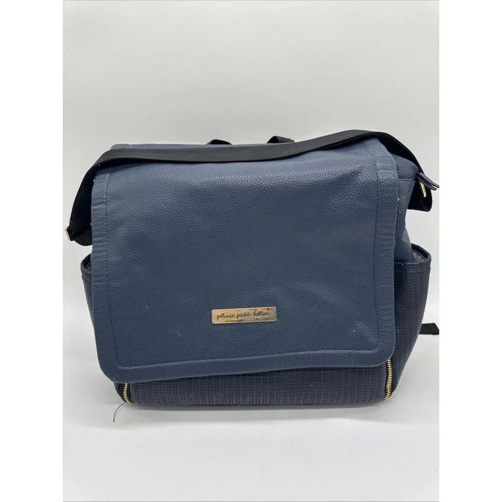 Large Petunia Pickle Bottom Boxy Backpack in Navy Blue Leatherette Diaper Bag